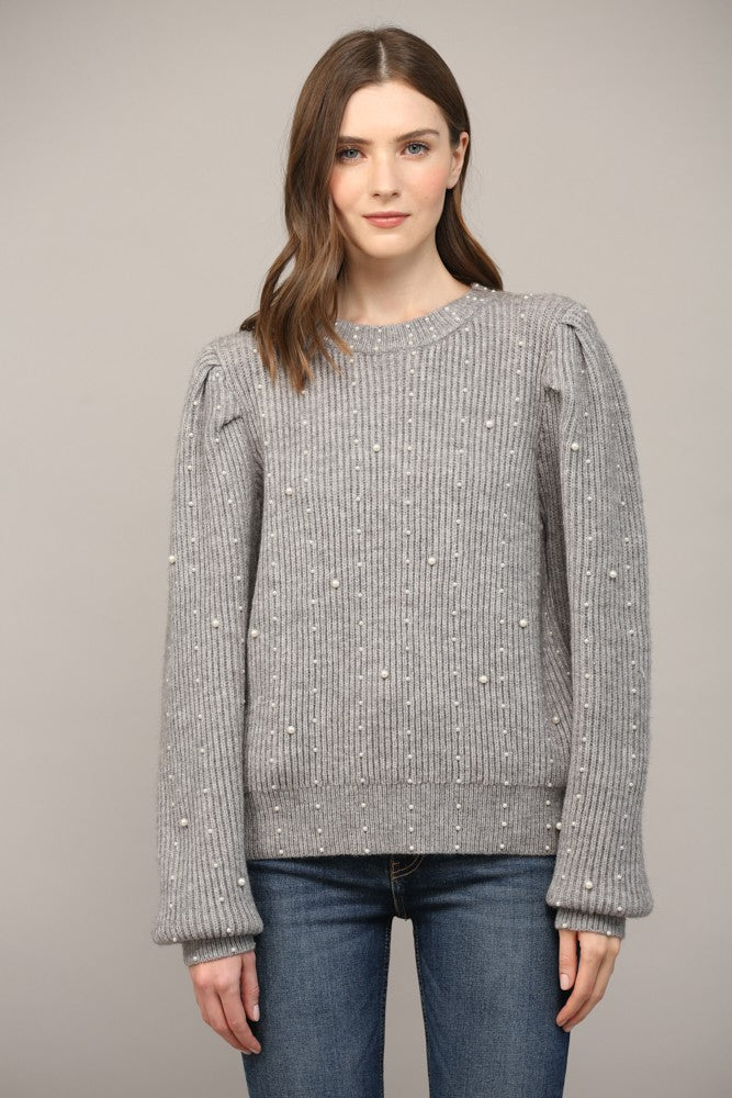 PEARL EMBELLISHED SWEATER-HEATHER GREY