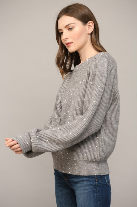 PEARL EMBELLISHED SWEATER-HEATHER GREY