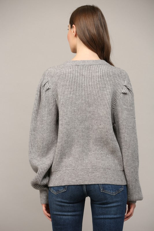 PEARL EMBELLISHED SWEATER-HEATHER GREY