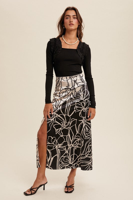 CONTRAST FLORAL PRINT MAXI SKIRT-BLACK