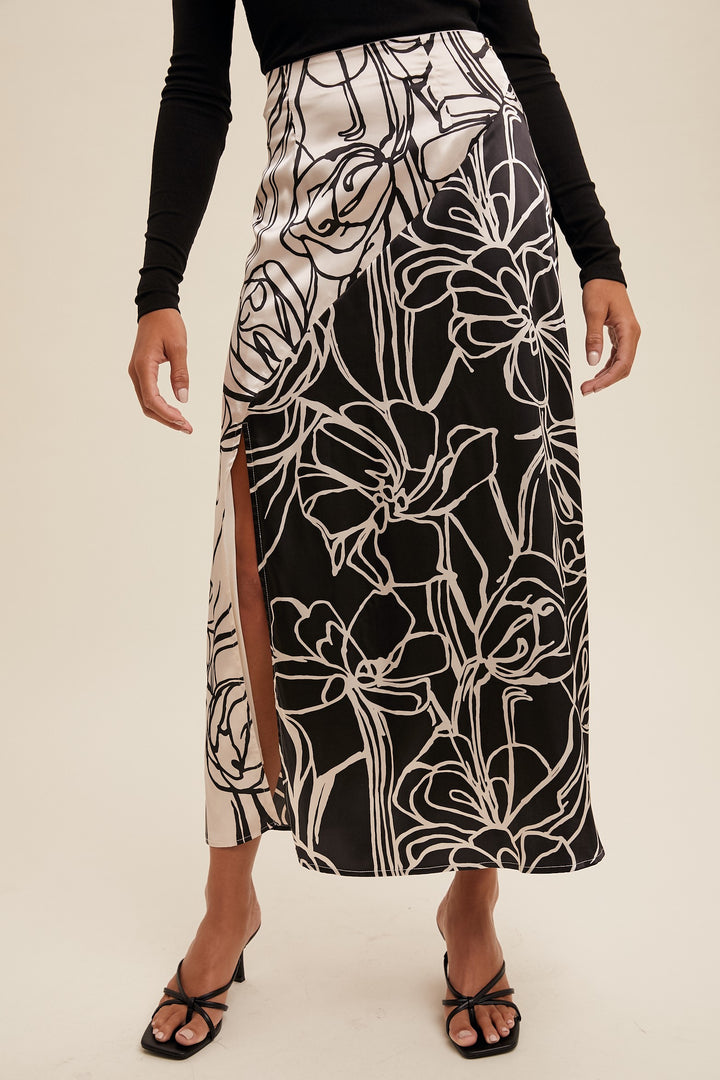 CONTRAST FLORAL PRINT MAXI SKIRT-BLACK