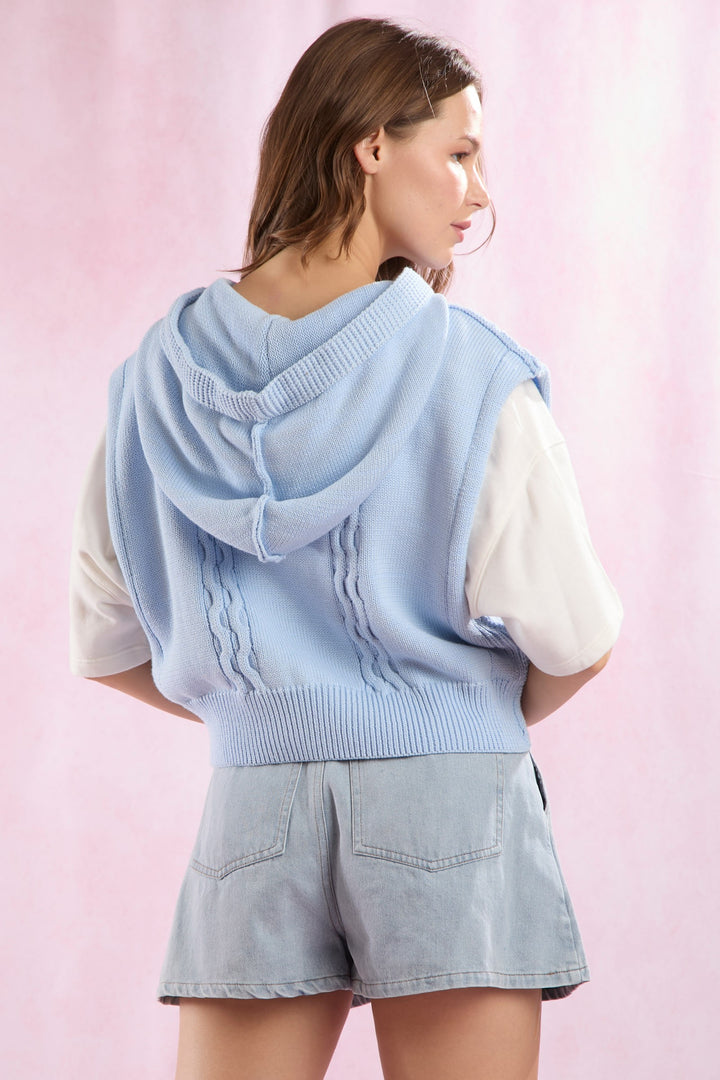 PEARL EMBELLISHED CABLE KNIT SWEATER HOODIE-BABY BLUE