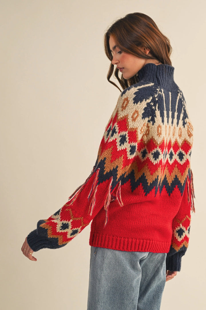 FAIR ISLE FRINGE SLEEVE SWEATER-RED/NAVY