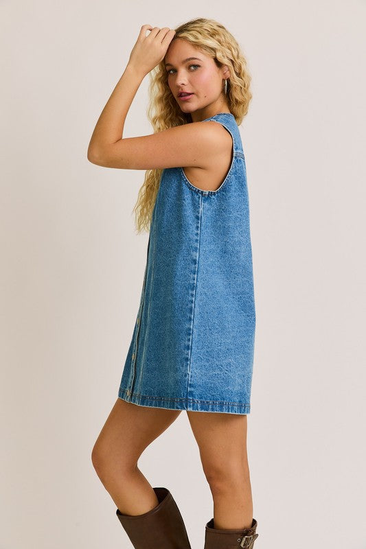 BUTTON DOWN DENIM MINI DRESS-DENIM BLUE