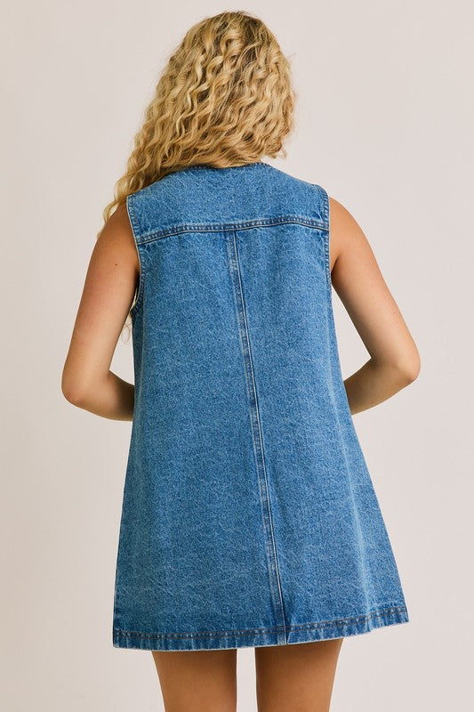 BUTTON DOWN DENIM MINI DRESS-DENIM BLUE