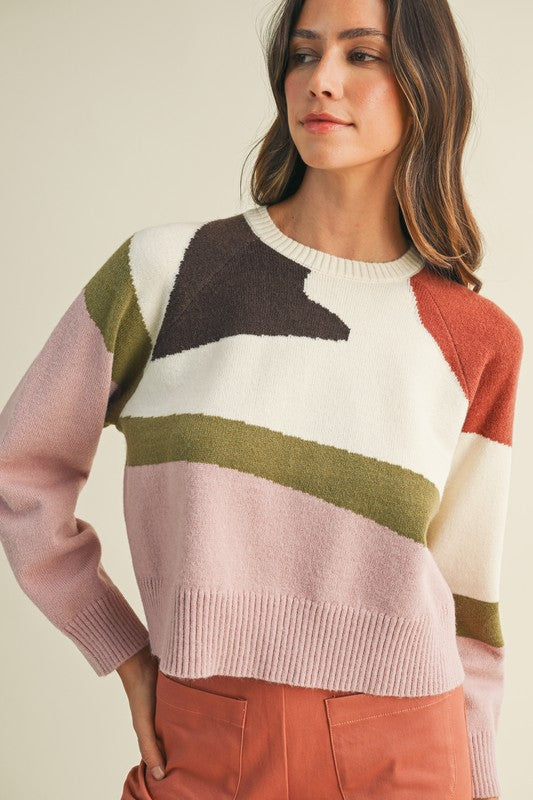 COLOR BLOCK SWEATER TOP-IVORY/MULTI
