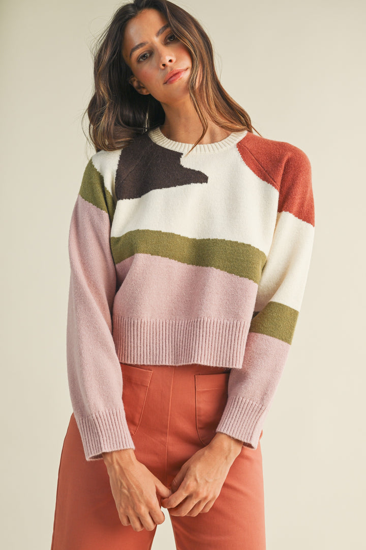 COLOR BLOCK SWEATER TOP-IVORY/MULTI