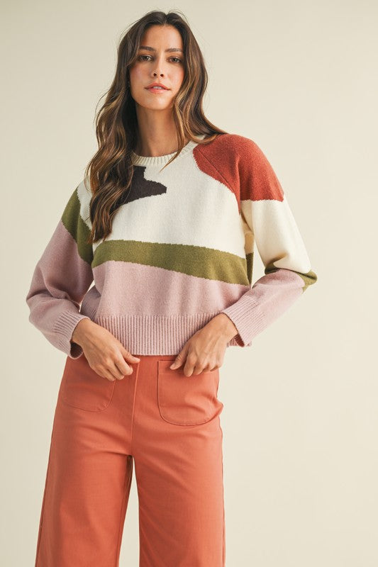 COLOR BLOCK SWEATER TOP-IVORY/MULTI