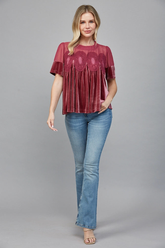 LACE DETAIL BABYDOLL TOP-WOODROSE