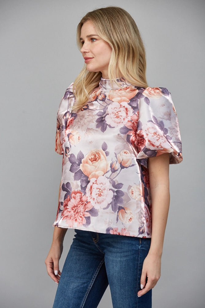 FLORAL MOCK NECK BLOUSE-MAUVE/MULTI