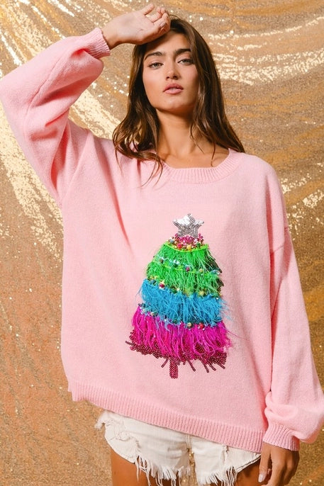 CHRISTMAS TREE SWEATER TOP-PINK