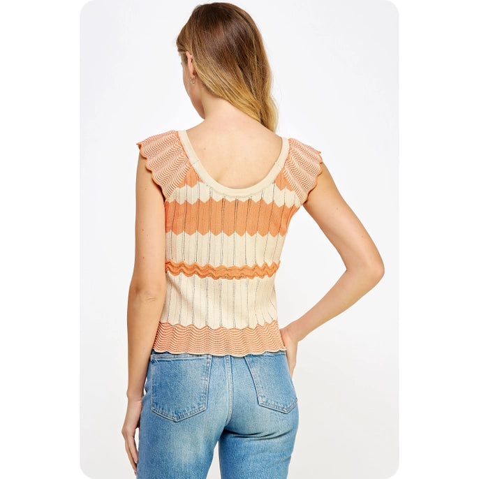 TEXTURED SCALLOP POINTELLE KNIT TOP-OATMEAL CANTALOUPE