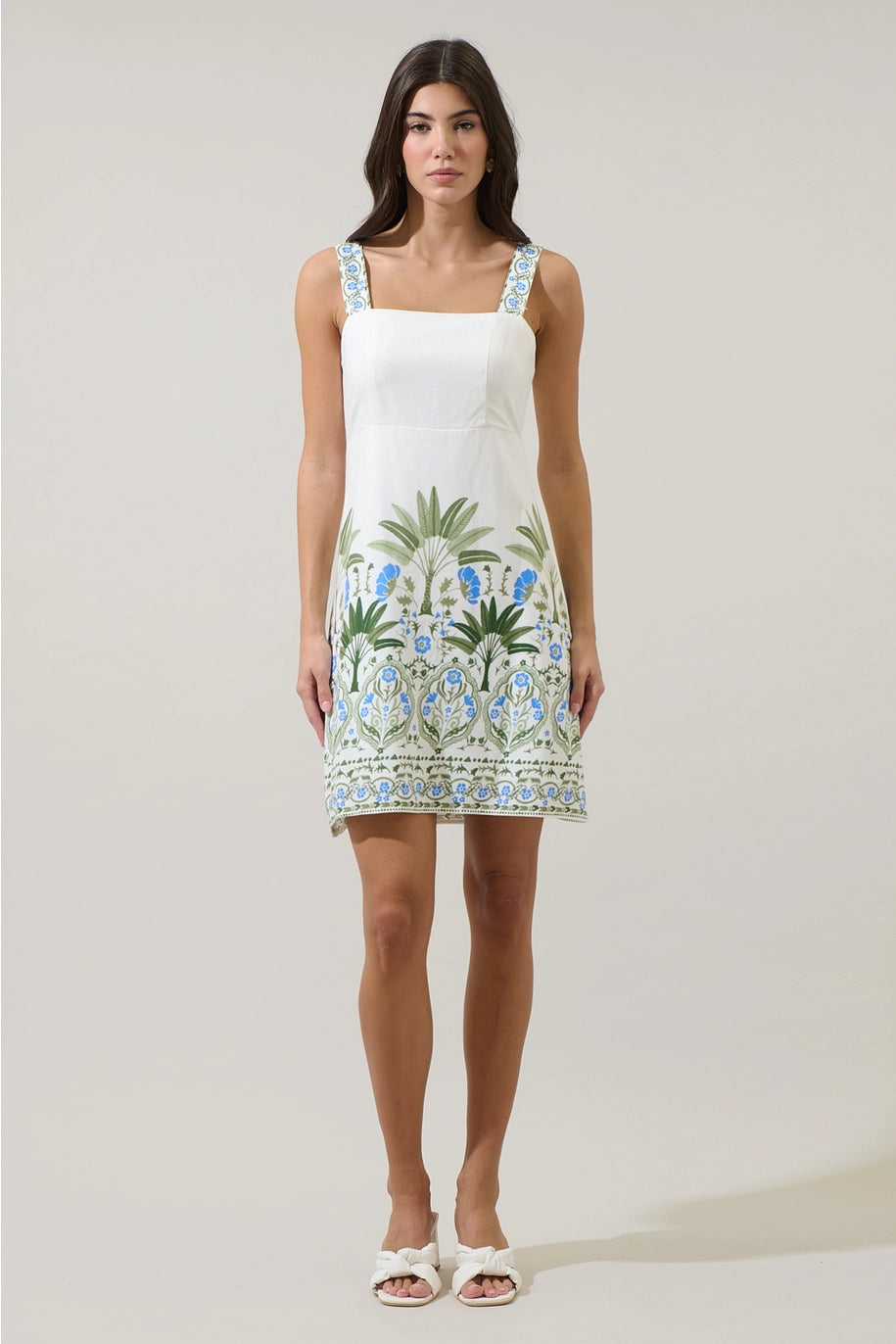 SENARA FLORAL MINI DRESS-WHITE/GREEN/MULTI