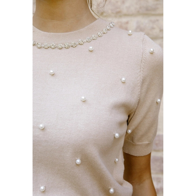 PEARL AND GEM DETAIL KNIT SWEATER TOP-BEIGE