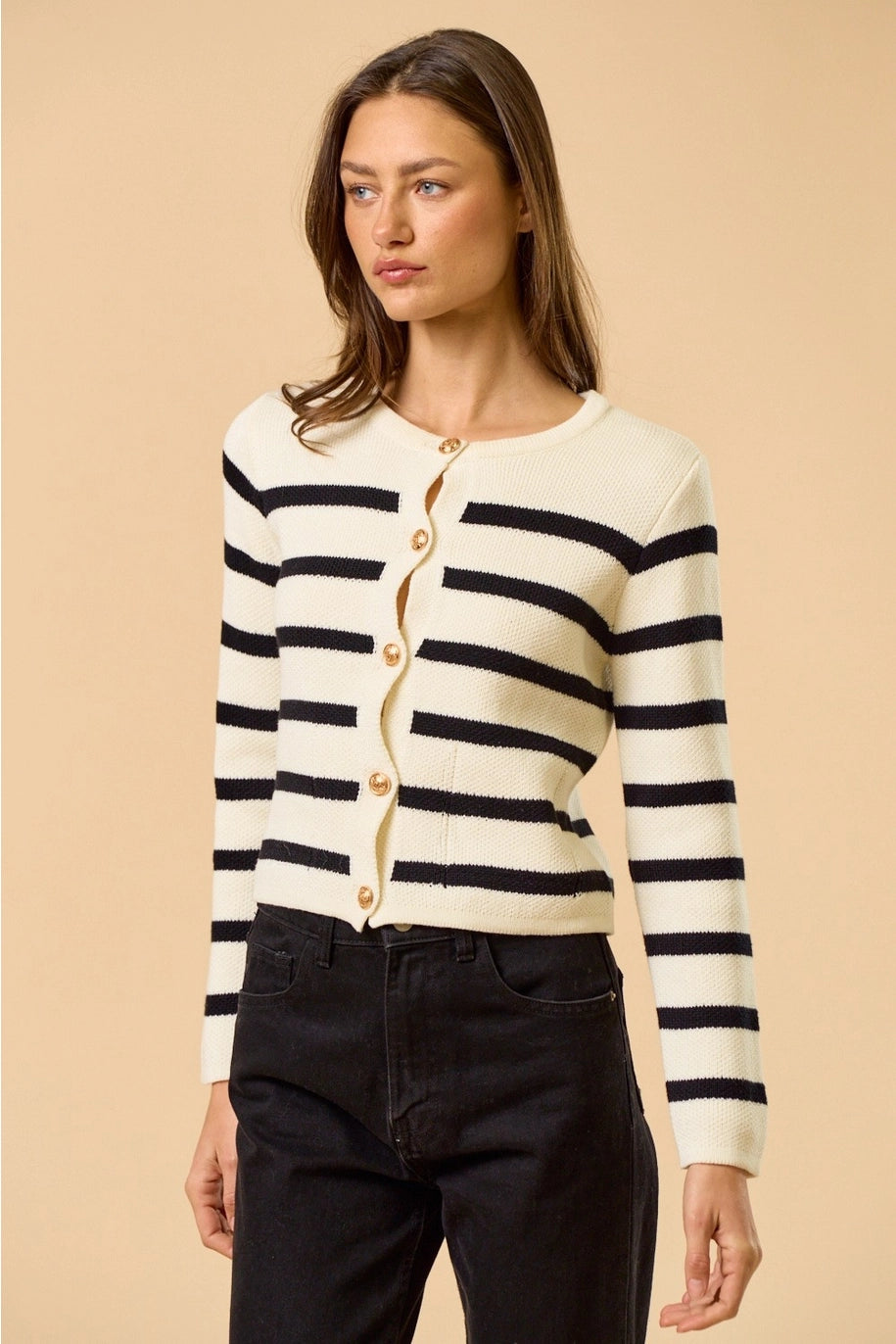 STRIPED BUTTON DOWN SWEATER-WHITE/BLACK