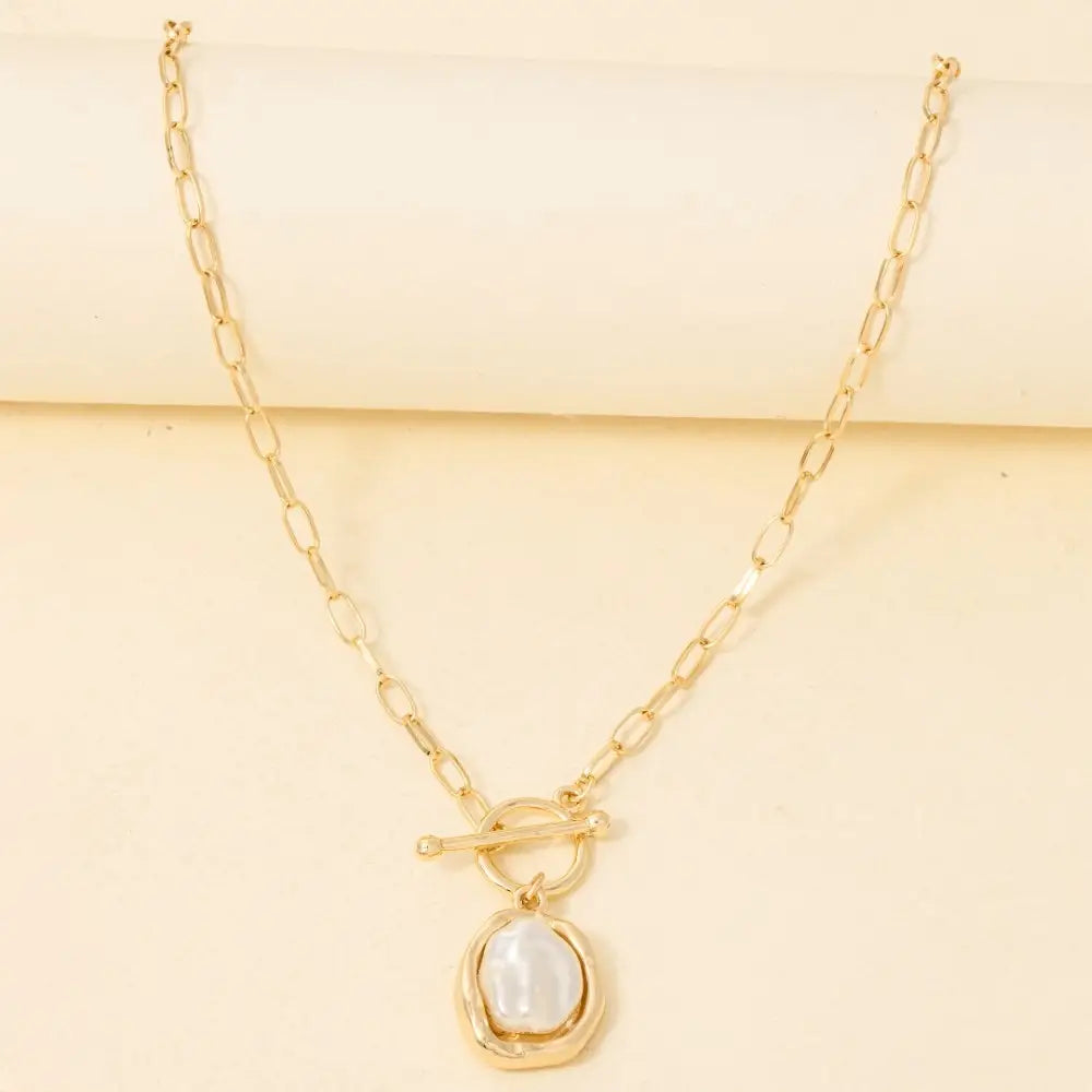 PEARL PENDANT DAINTY TOGGLE CHAIN NECKLACE-GOLD/CREAM