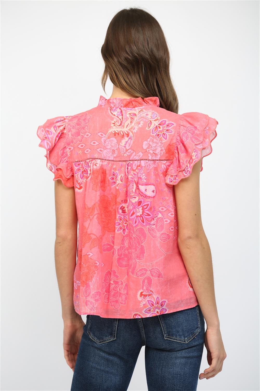 EMBROIDERED SCALLOP SLEEVED BLOUSE-PINK/MULTI