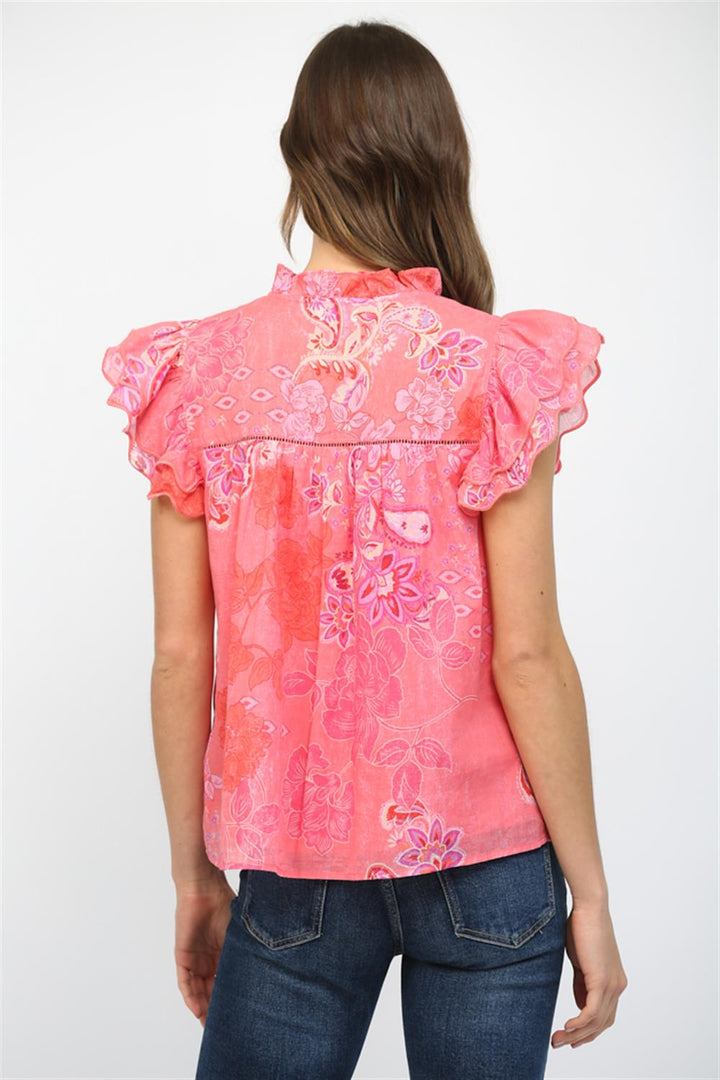 EMBROIDERED SCALLOP SLEEVED BLOUSE-PINK/MULTI