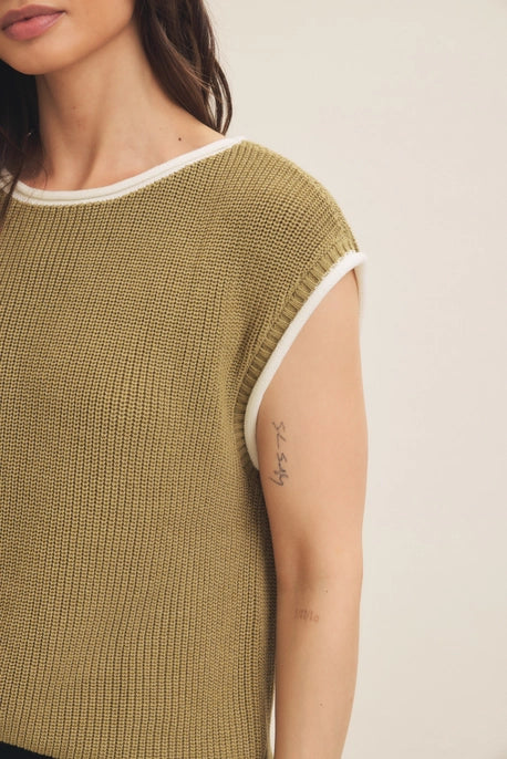 CONTRAST EDGE KNIT SWEATER-MATCHA