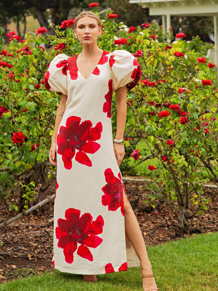 PUFF SLEEVE FLORAL MAXI DRESS-RED