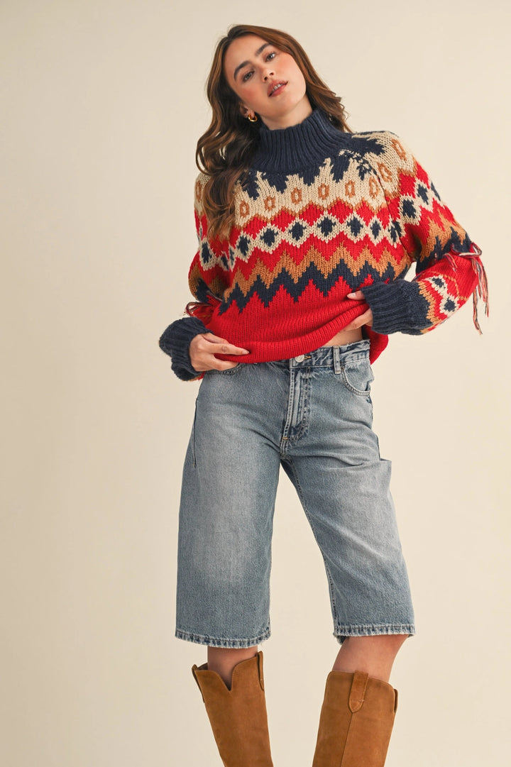 FAIR ISLE FRINGE SLEEVE SWEATER-RED/NAVY