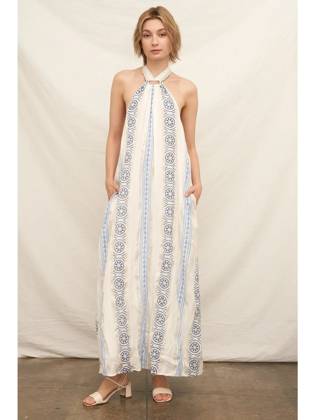 EMBROIDERED HALTER NEXK MAXI-WHITE/BLUE