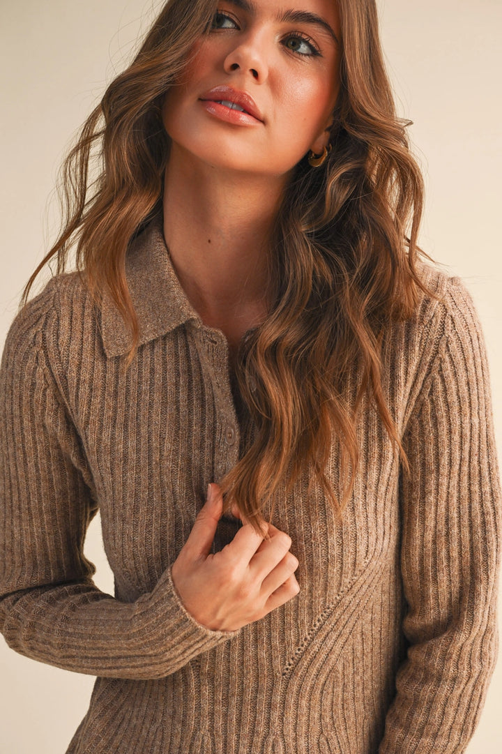 RIBBED SWEATER MINI DRESS-MOCHA