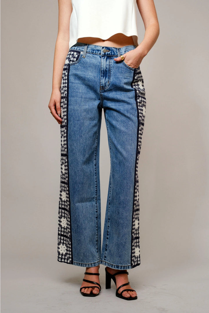 CROCHET DETAIL DENIM PANT-LIGHT WASH