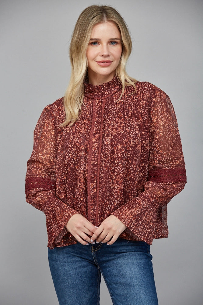 FLORAL PRINT LUREX BLOUSE-BURGUNDY/MULTI