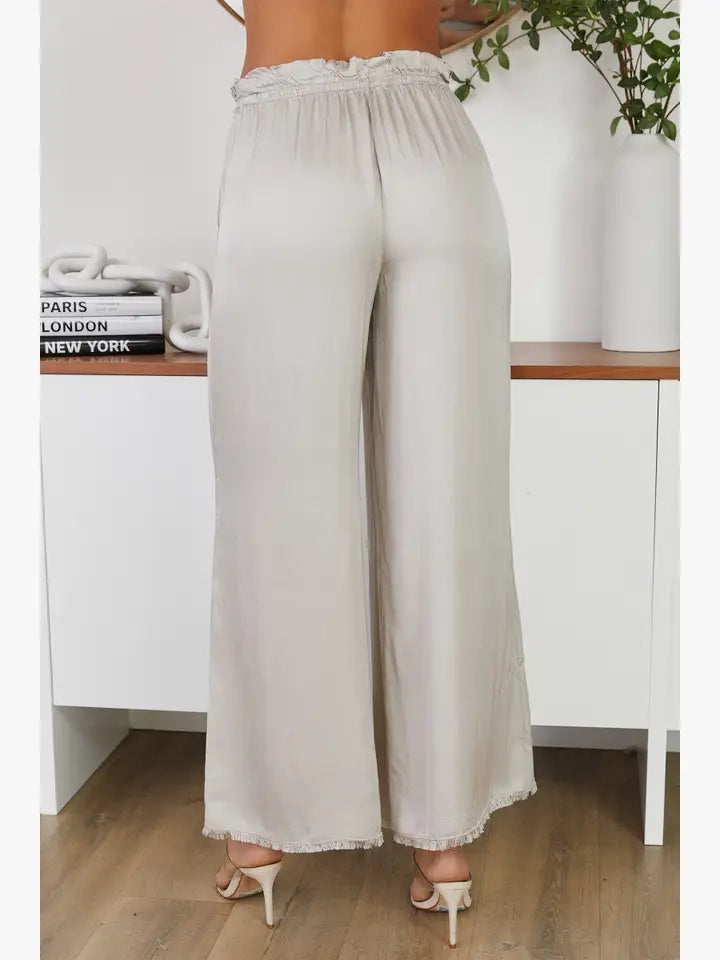 VISCOSE DRAWSTRING WAIST DISTRESSED HEM PALAZZO PANT-BEIGE