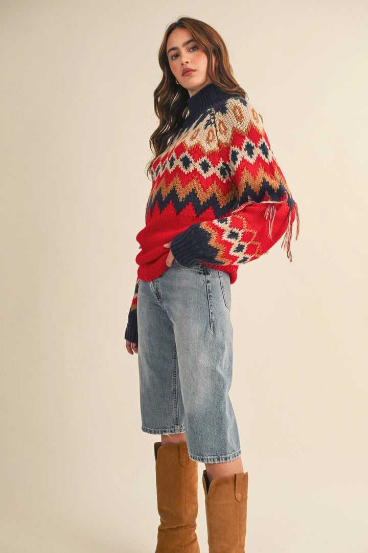 FAIR ISLE FRINGE SLEEVE SWEATER-RED/NAVY