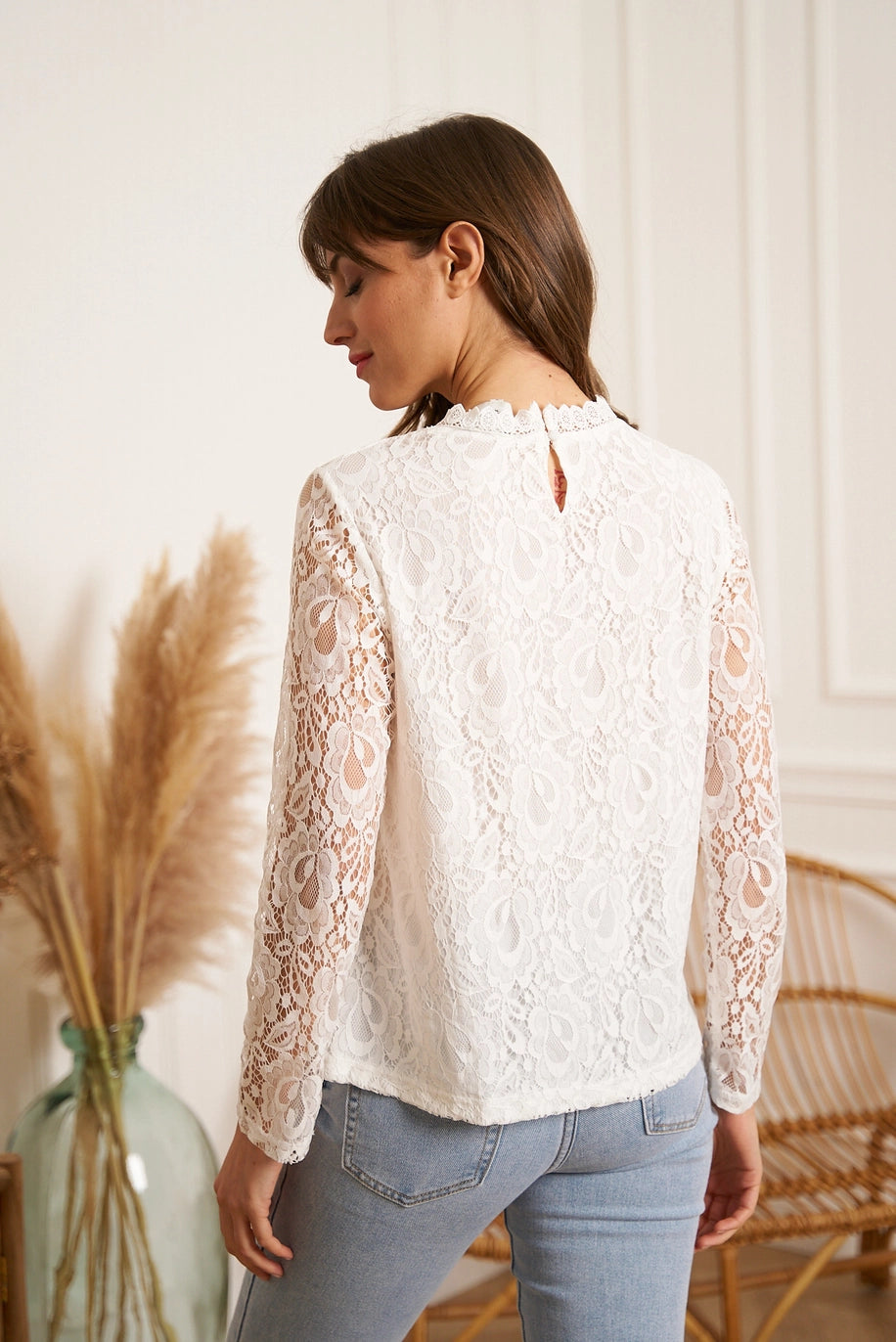 TIFFANY LONG SLEEVE LACE BLOUSE-BLANC