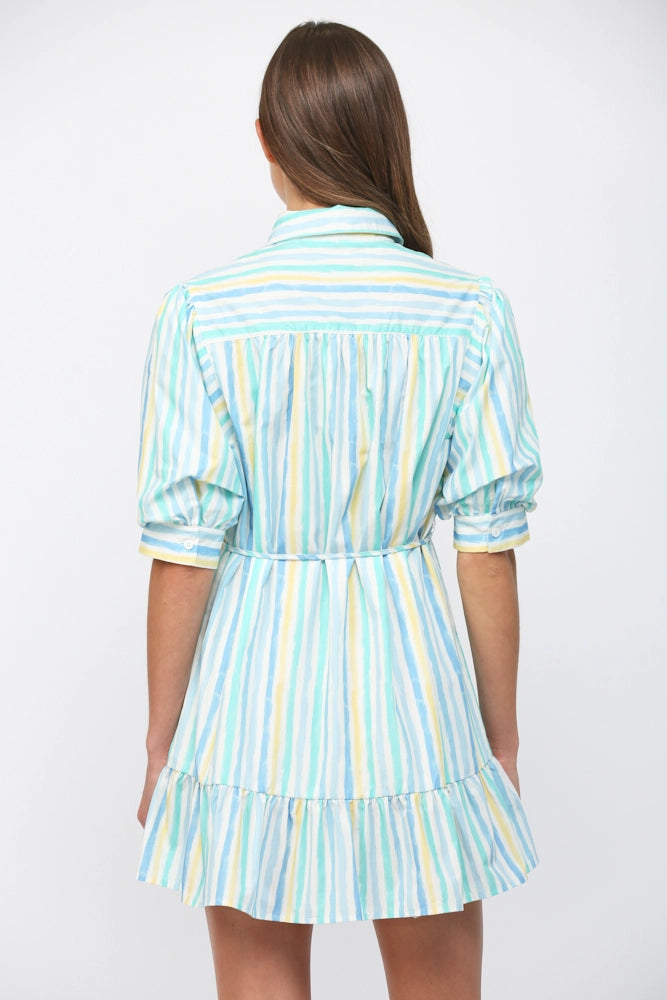 VERTICAL STRIPE SHIRT DRESS-WHITE/BLUE/YELLOW
