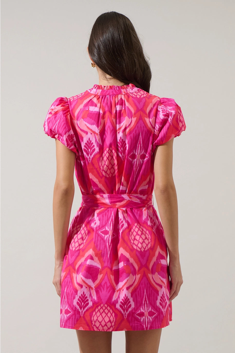 PRISSA IKAT ORELA MINI DRESS-MAGENTA/CORAL