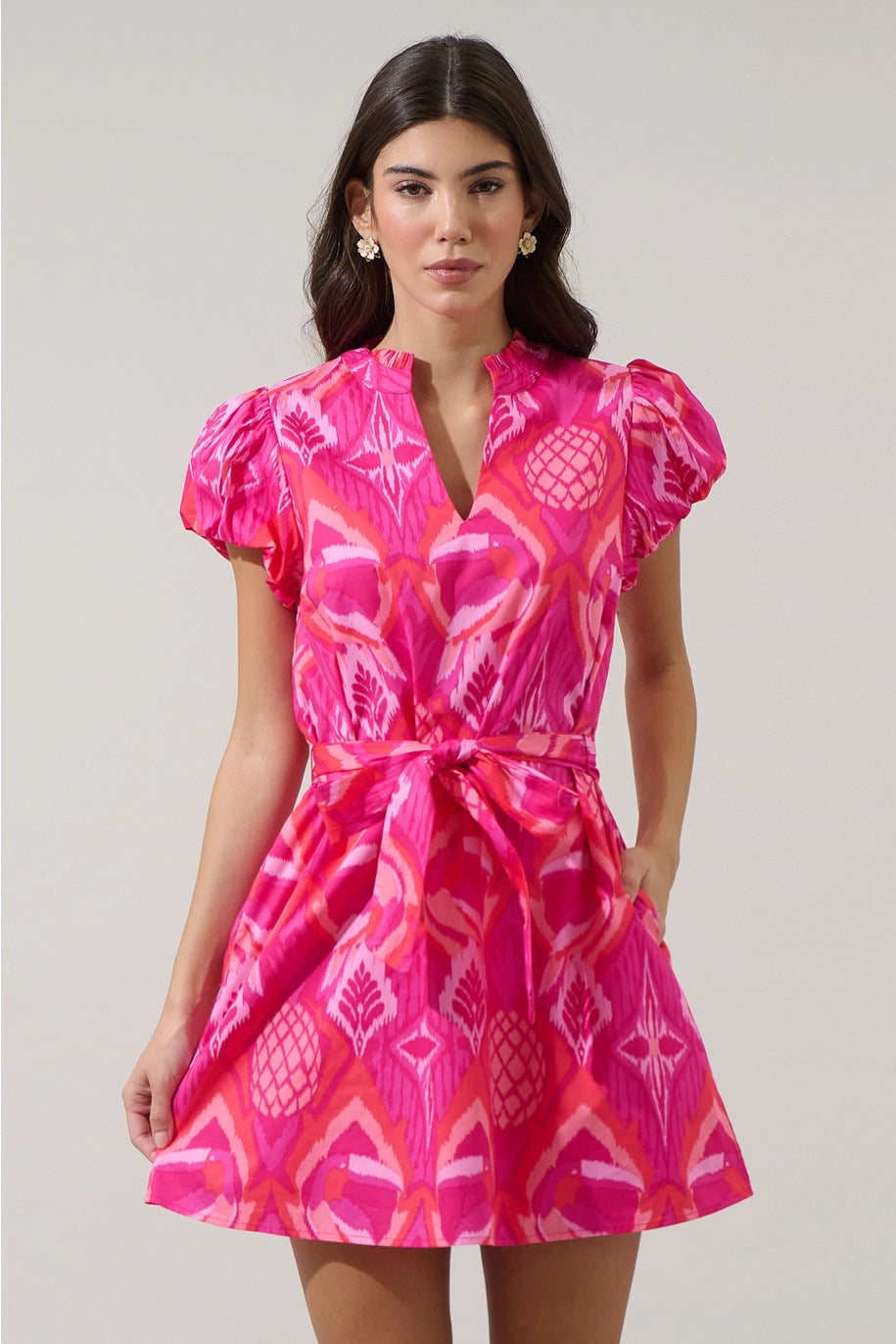PRISSA IKAT ORELA MINI DRESS-MAGENTA/CORAL