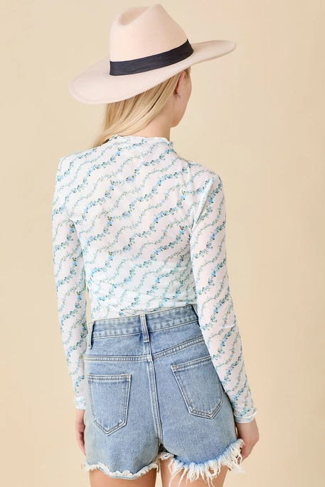 FLORAL PRINTED MESH TOP-LIGHT BLUE