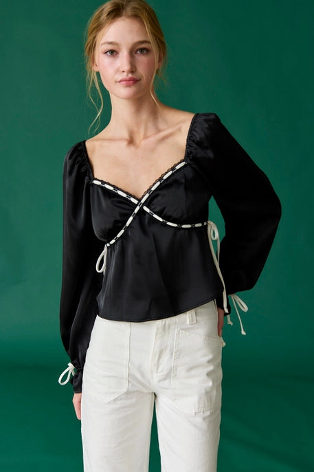 KIMBERLY SATIN BLOUSE-BLACK/IVORY