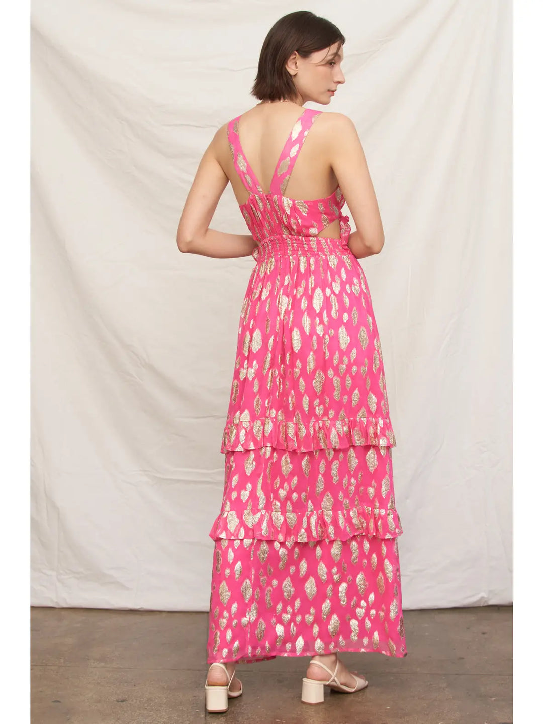 METALLIC POLKA DOT MAXI DRESS-FUCHSIA