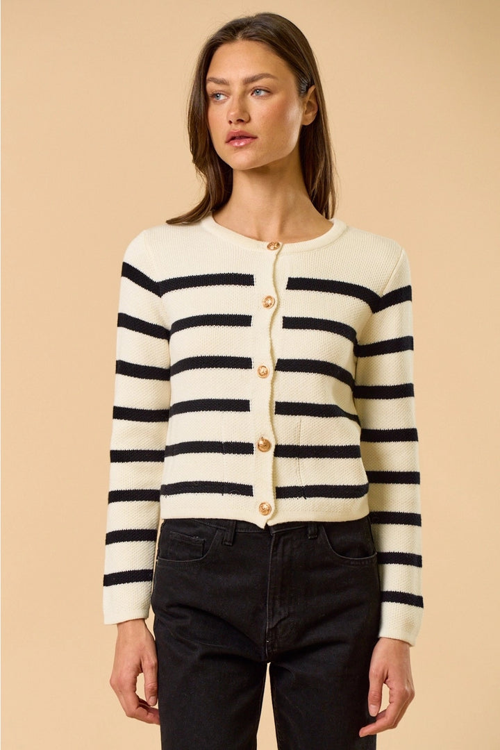 STRIPED BUTTON DOWN SWEATER-WHITE/BLACK