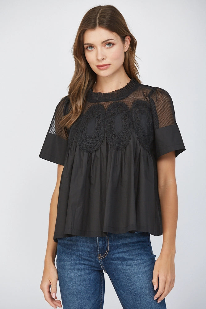 MESH AND APPLIQUÉ BLOUSE-BLACK