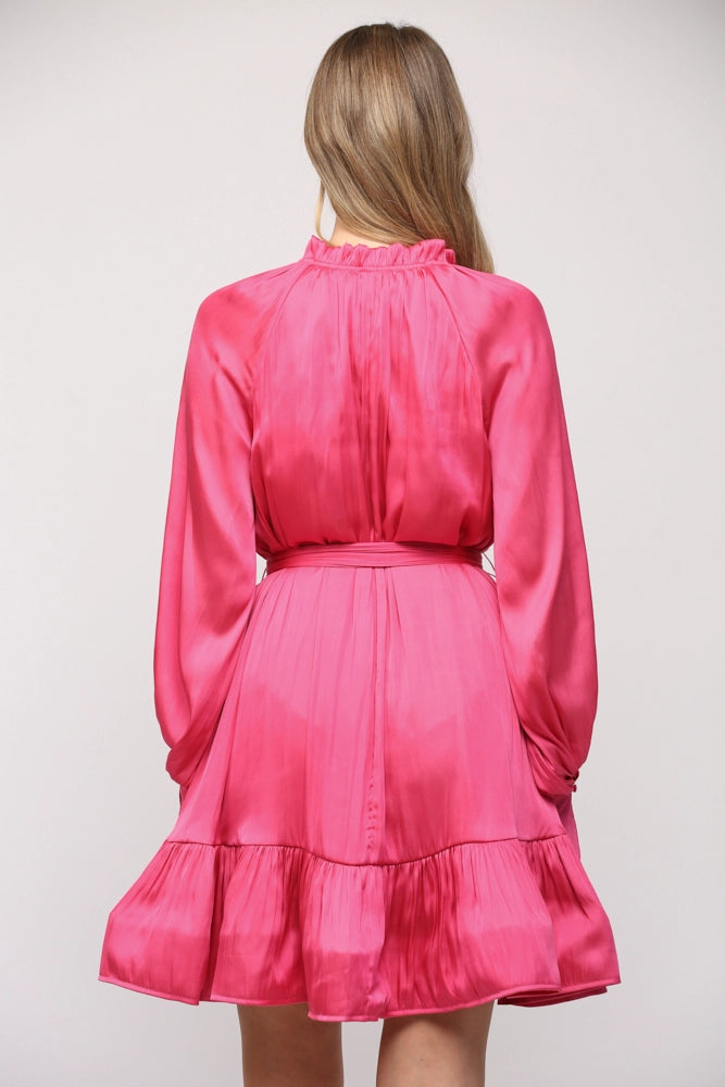 VOLUMINOUS RUFFLE HEM MINI DRESS-HOT PINK