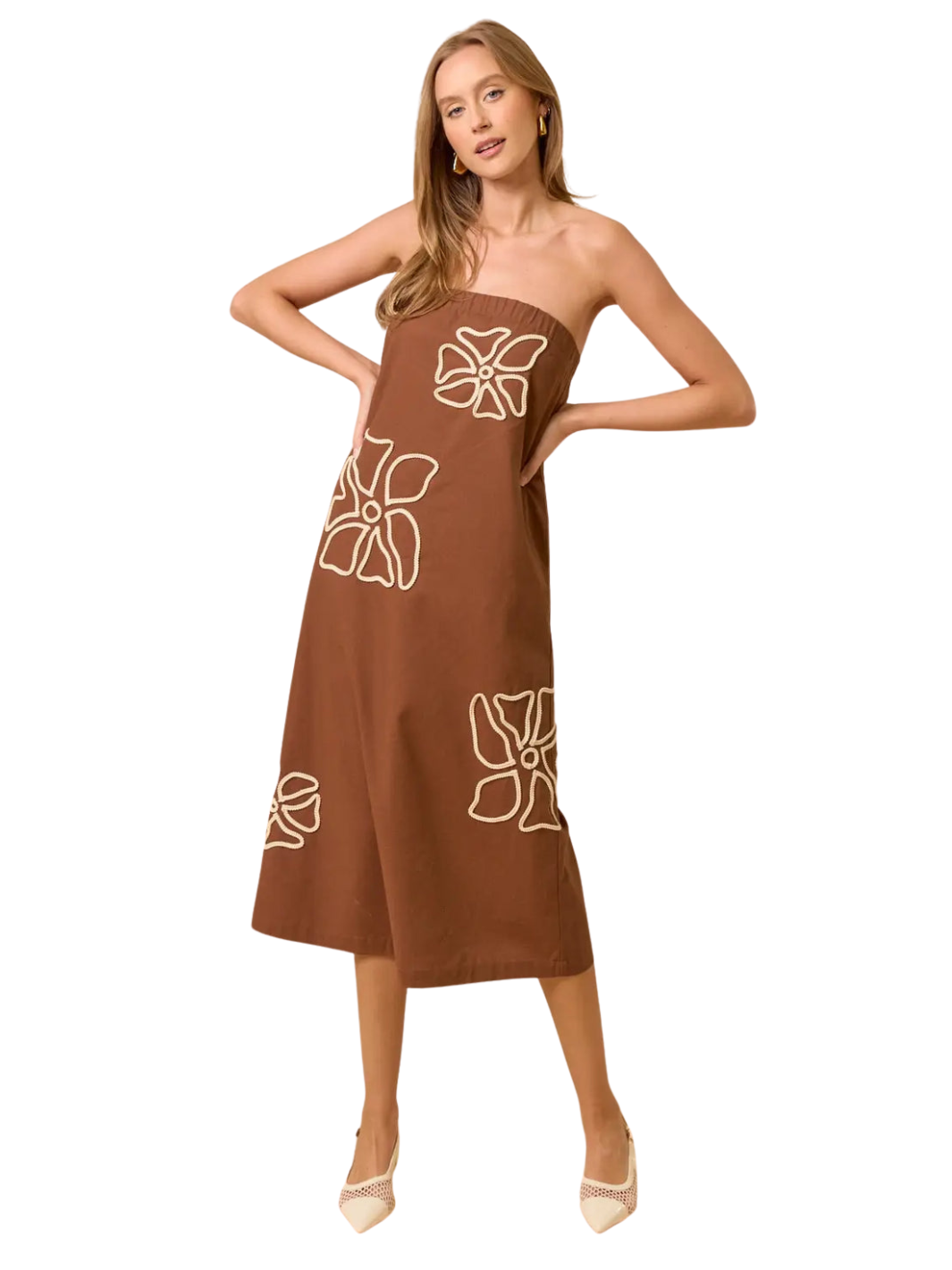 EMBROIDERED TUBE MAXI DRESS-BROWN