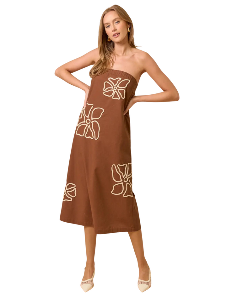EMBROIDERED TUBE MAXI DRESS-BROWN
