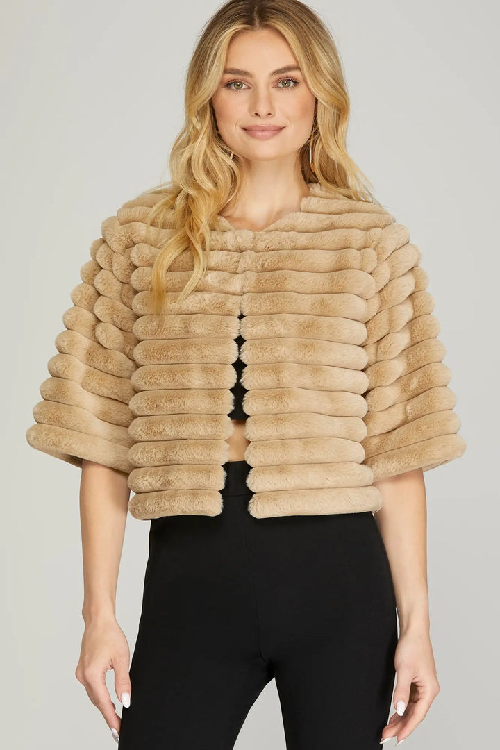 CROPPED FAUX FUR JACKET-TAUPE