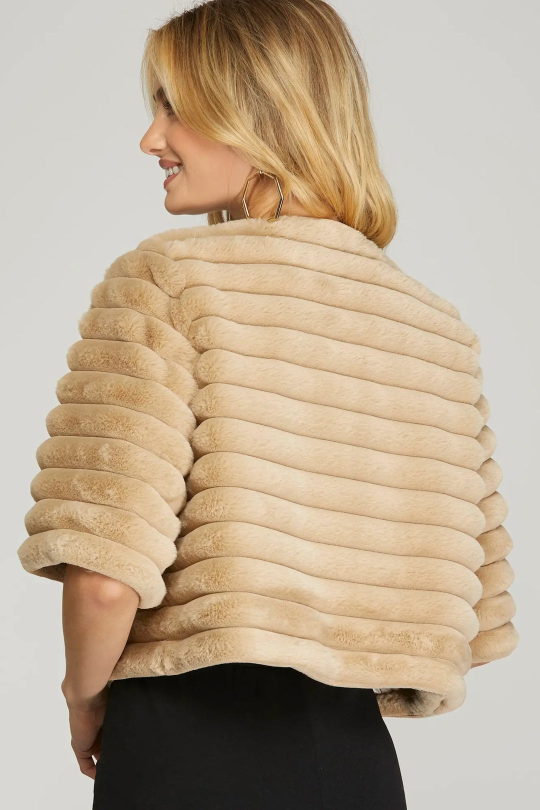 CROPPED FAUX FUR JACKET-TAUPE