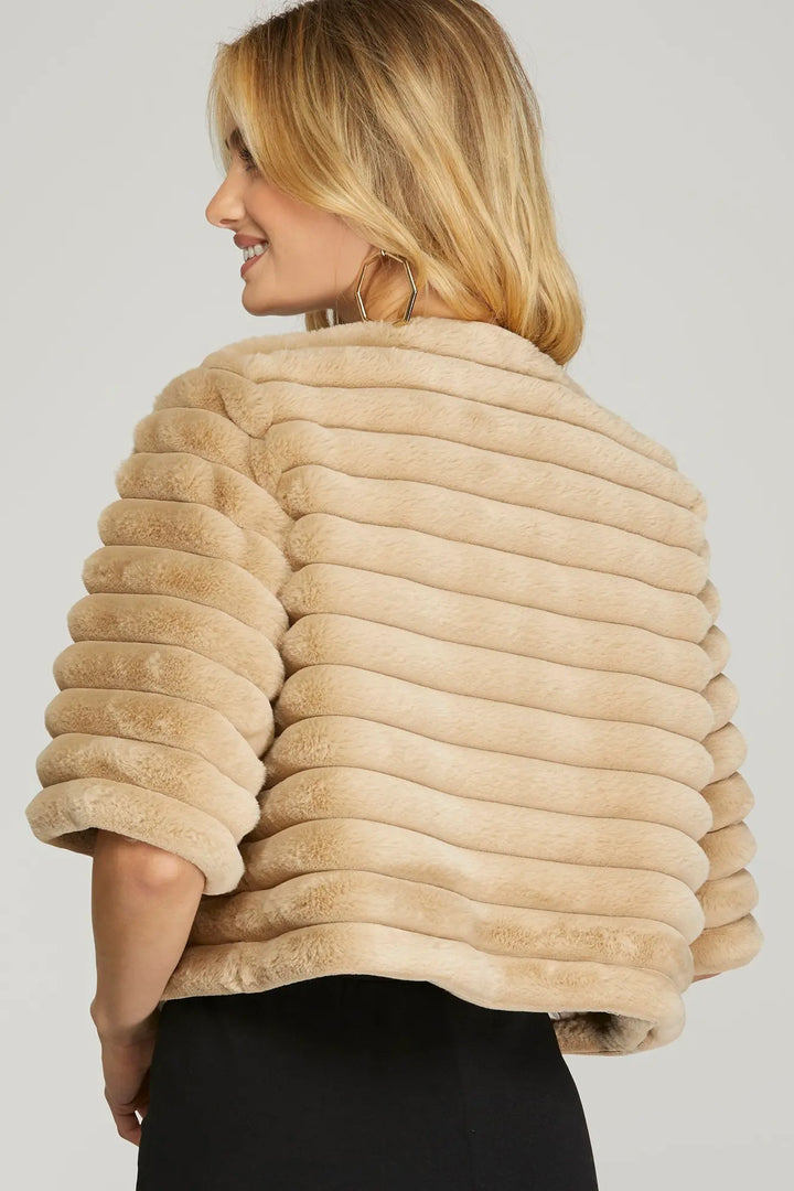 CROPPED FAUX FUR JACKET-TAUPE