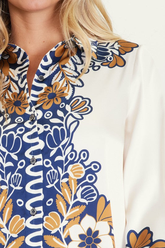 FLORAL BORDER PRINT BLOUSE-MUSTARD/NAVY