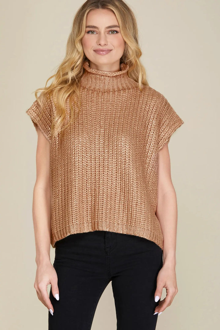 KNIT METALLIC FOIL SWEATER TOP-GOLD