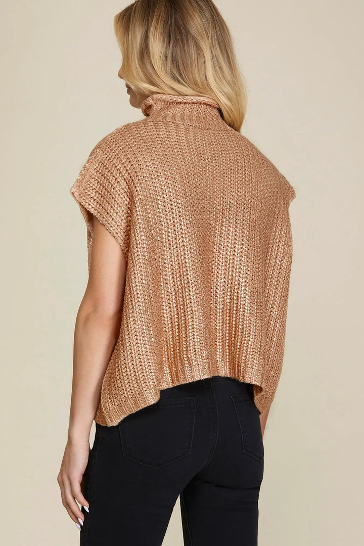 KNIT METALLIC FOIL SWEATER TOP-GOLD