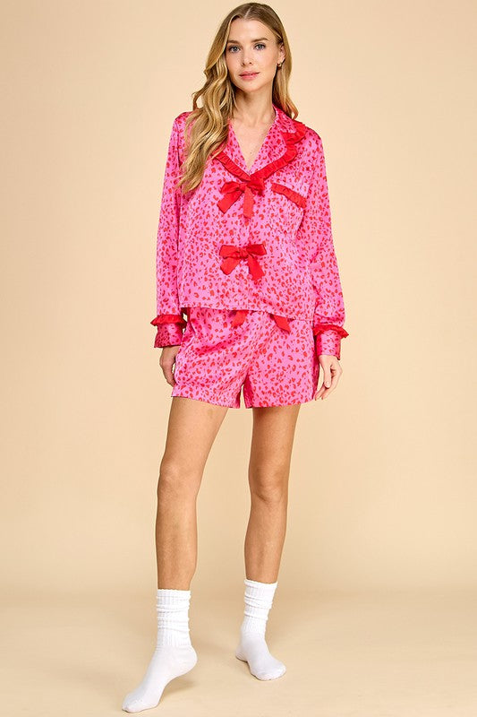 LEOPARD PRINT SATIN PJ TOP-FUSCHIA